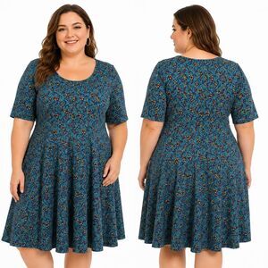 LuLaRoe 3XL Nicole Dress Blue Floral Fit Flare Midi